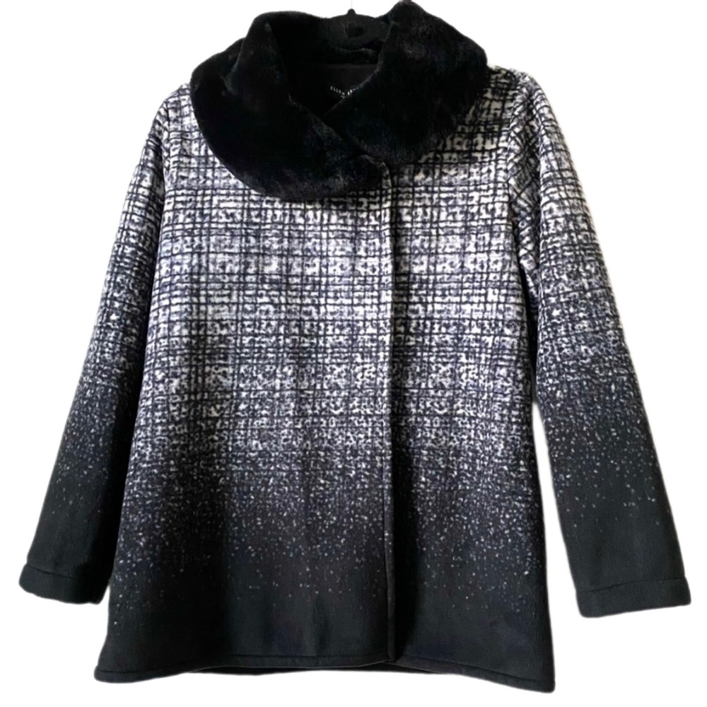 Ellen Reyes Abstract Coat Jacket Black & White Faux Fur Collar size Petite Large